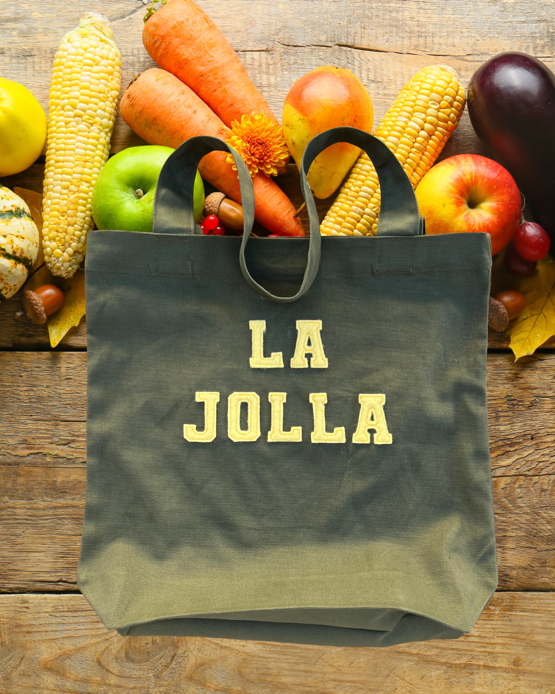Personalizable custom wool felt lettering applique Olive Green cotton canvas tote bag